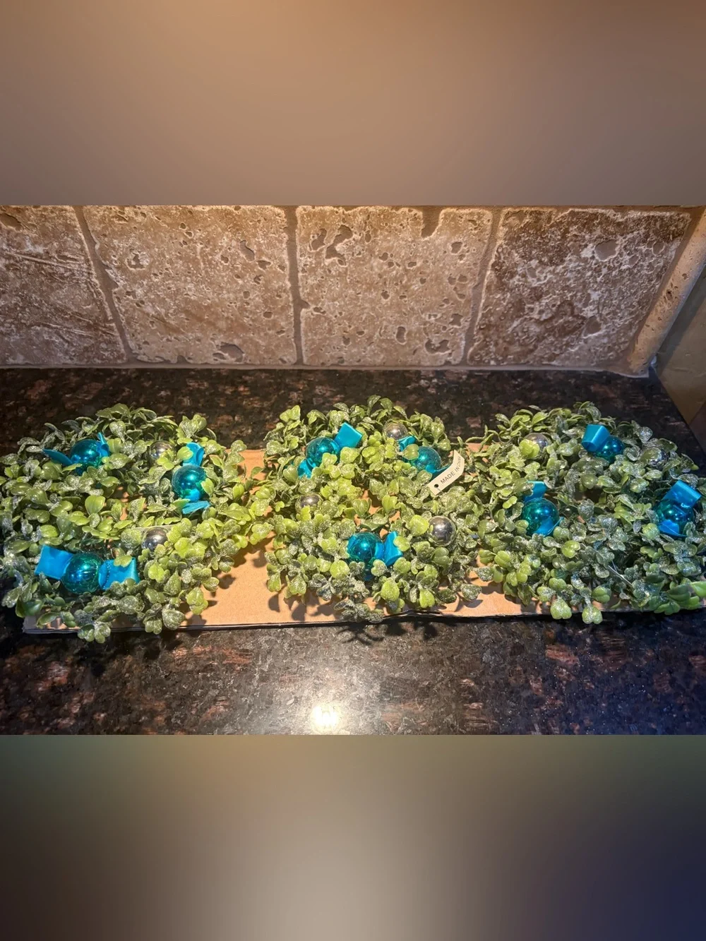 BRAND NEW Set of 3 Mini Faux Boxwood Holiday Wreaths - Teal & Silver